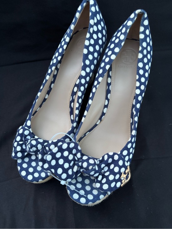 Tory Burch Shoes - Tory Burch Navy and White Polka Dot Bow Peep-Toe Heels